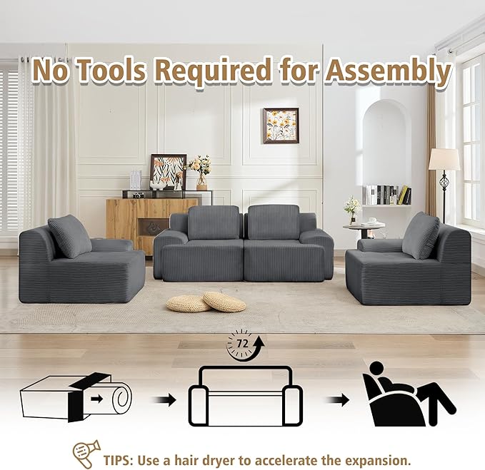 KIGOTY Modular Sectional Sofa 4 PCS Comfy Cloud Sectional Couch with Deep Seat Corner Sofas Modern Boneless Couch for Living Room No Assembly RequiredGrey