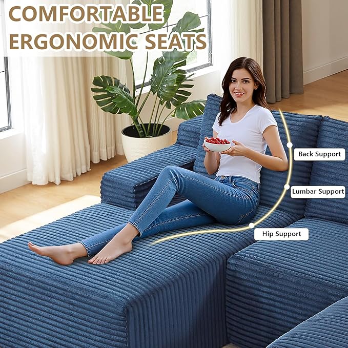 96 Cloud Sectional Couch with U-Shaped Chaise Corduroy Sectional Sofa with Ottoman Deep Seat Boneless Couch with Side Pocket for Living Room No Assembly Required (Blue Left Facing Chaise)