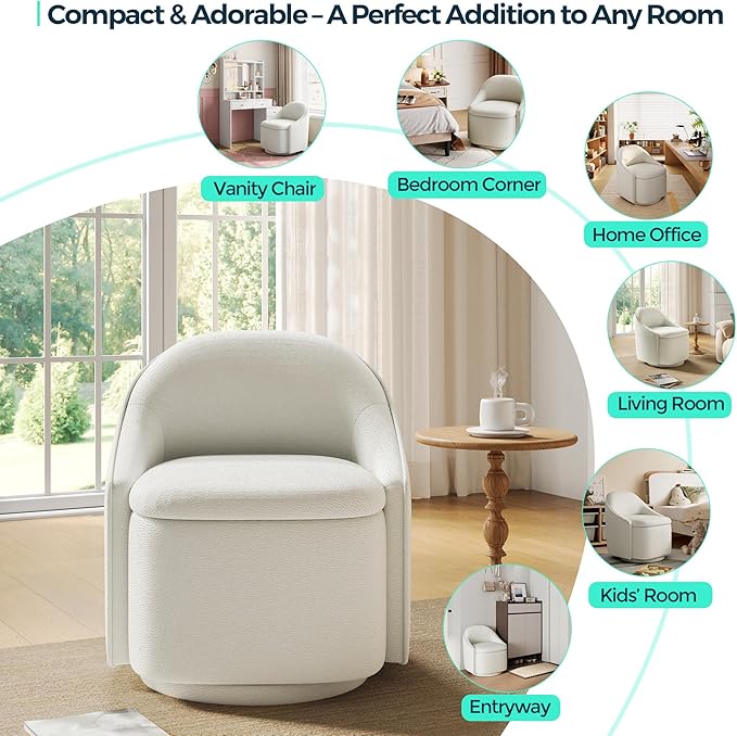 LINSY Swivel Accent Chair with Storage Comfy Chenille Barrel Chairs Small 360 Swivel Modern Armchair for Living Room Bedroom Boucle Reading Chair for Study Room (Beige)