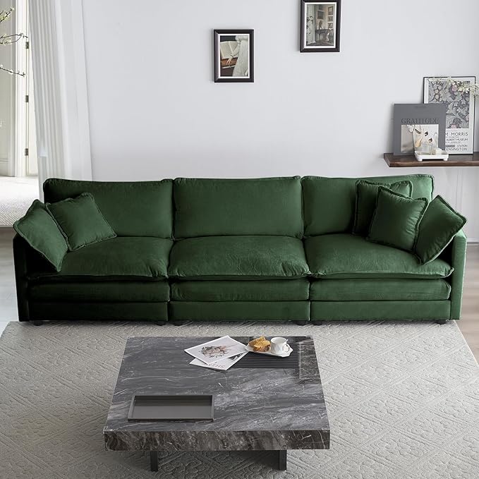 KIVENJAJA Chenille Modular Sectional Couch Modern 3 Seater Comfy Deep Seat Cloud Sofa with 5 Pillows for Living Room Bedroom Office Apartment 111.5”W Green