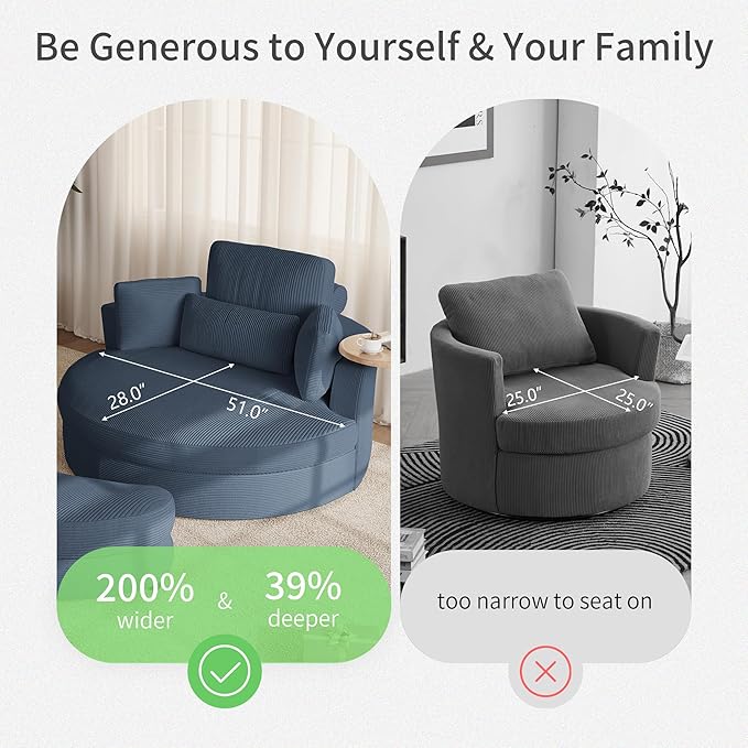 Oversized 360° Swivel Barrel Chair with Storage Ottoman &amp Rotatable Tray Table Modern Elegant 51’’ Corduroy Accent Chair with Cresent-Shaped Ottoman Extra Wide &amp Deep Seat Ocean Blue