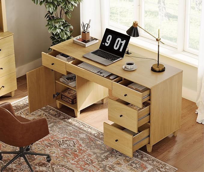 WAMPAT Wood Desk with Drawers &amp Storage Cabinet 58 Inch Modern Wooden Executive Desk with Charging Station Home Office Large Computer Desk Work &amp Study Writing Desk Oak Wood