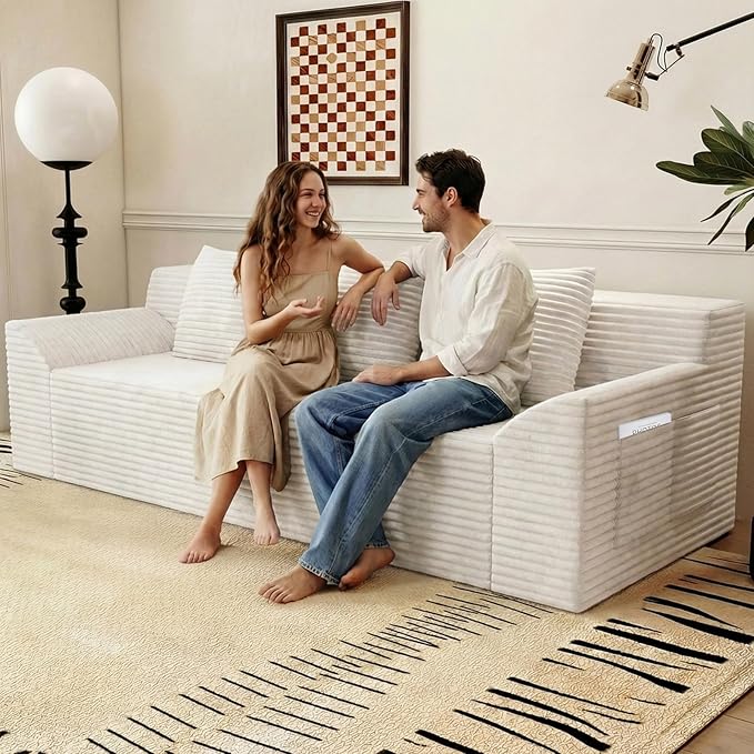 71 Cloud Loveseat SofaBoneless Deep Seat 2-Seater with 3 Pillows&ampSide PocketNo Assembly Foam Floor CouchPlush Corduroy FabricModern Living Room Sofa for Small Space (Tilted Armrest White)
