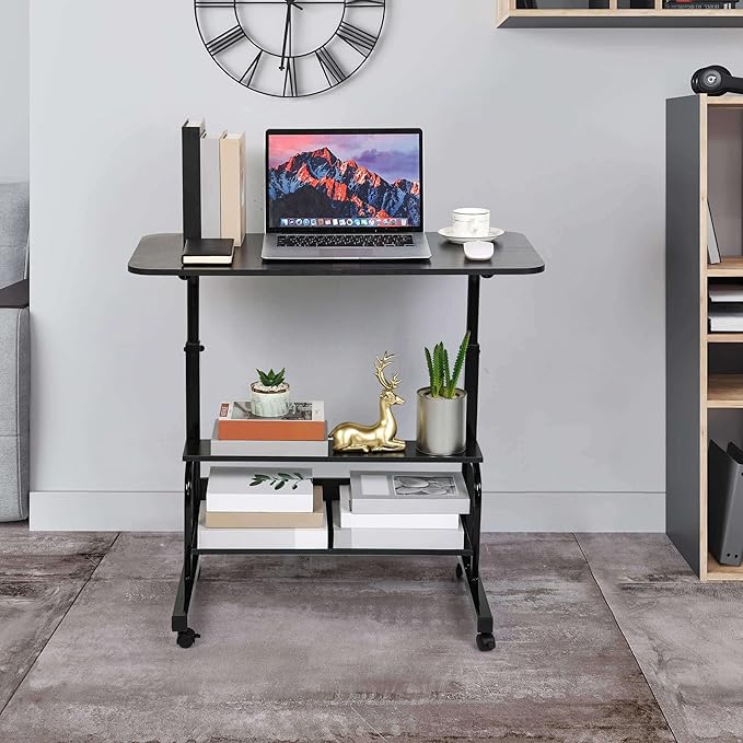 Home Office Desk Movable Bedroom Adjustable Table Modern Small Study Laptop Computer for Living Room Couch Portable Spaces with Wheels Storage Furniture 31.5x15.7 Black