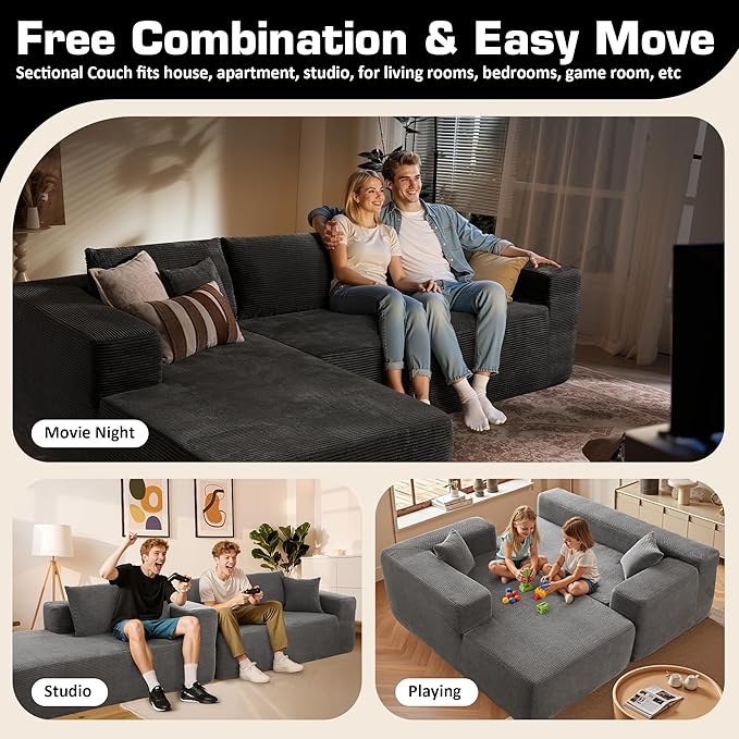 106 Cloud Sectional Couch with Chaise LoungeL Shaped Modular Modern SofaComfy Corduroy Fluffy Couches with Deep SeatNo Assembly Required Couch for Living Room(LeftStripe CorduroyGray)