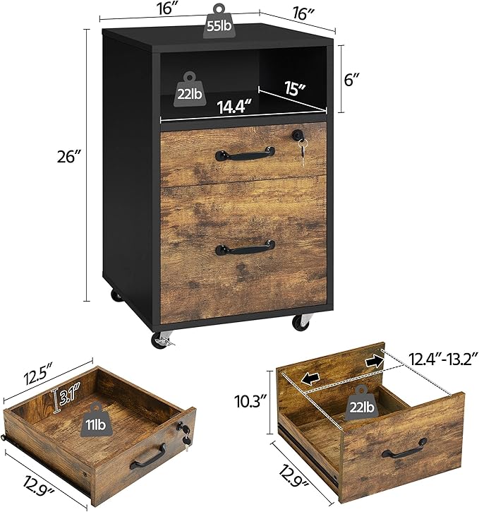 Topeakmart Rolling Vertical Filing Cabinet with 2 Drawer and 1 Open Compartments File Storage Cabinet with Lock Printer Stand for Home and Office Black/Rustic Brown