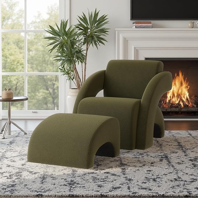 Soohow Upholstered Armchair with Ottoman – Plush Bouclé Fabric Curved Seat &amp Sled-Base Lounge Chair for Living Room Bedroom Study