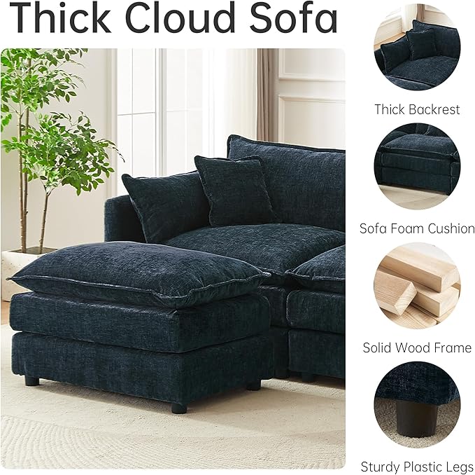 Modular Sectional Sofa 147.2 Inch U Shaped Couch Set with Armrests 4-Seater Comfy Cloud Couches with Movable Ottoman for Living Room Apartment Blue