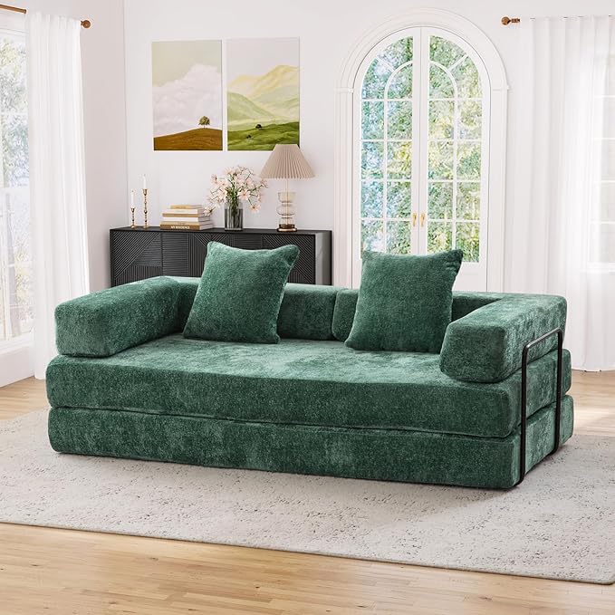 Antetek Modular Futon Sofa Bed Convertible Folding Chenille Comfy Memory Foam Floor 3 Seater Loveseat Sleeper Sofa Couch Bed Chaise Lounge with 2 Pillows for Guest Room Living Room Office Green