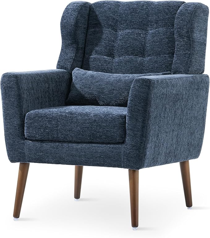 cinkehome Accent Arm Chairs for Living Room Chenille Upholstered Mordern Armchair Comfy Soft Padded Lounge Chair in Small Spaces Bedroom Pillow Solid Wood Leg Blue