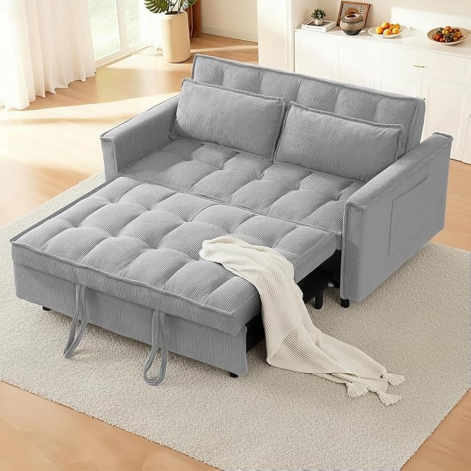 3 In 1 Corduroy Convertible Sofa BedPull Out Couch Bed with Reclining Backrest And 2 Pillows 54 Full Size Loveseat Sleeper Sofa Futon Couch Bed Couches For Small Spaces Living Room (Grey)