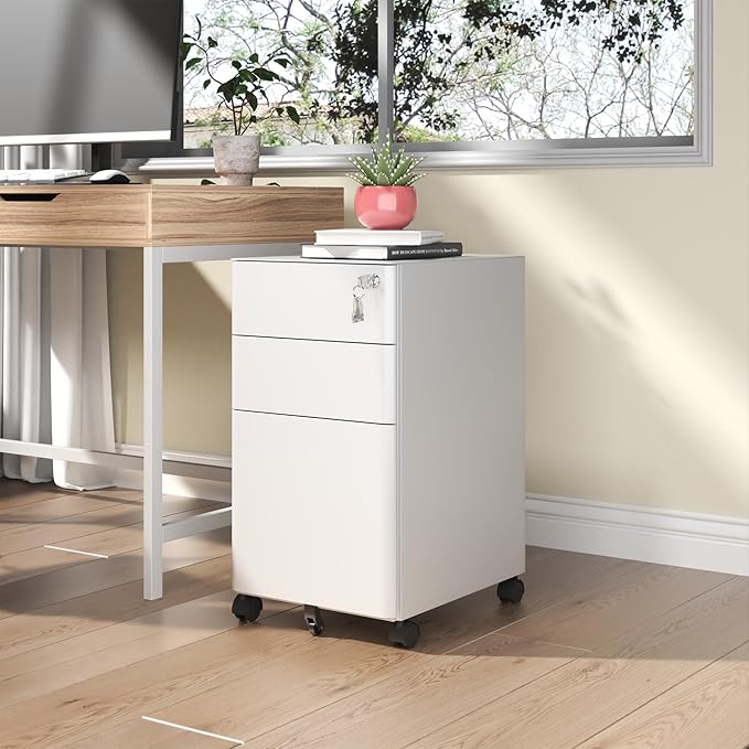 3-Drawer Mobile File Cabinet with Lock Black Small Under Desk Metal Rolling Filing Storage Cabinets with Casters for Home Office Fully Assembled Holds A4/Letter Files (White+3-Drawer 24.02)