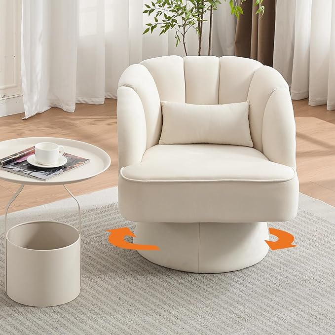 Swivel Barrel Chair - Velvet Upholstered Modern Armchair with Striped Backrest &amp Plush Padding Round Lounge Chair for Living Room Bedroom Small Spaces Beige - (1 Pcs)