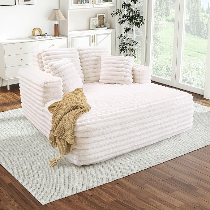 Chaise Lounge Chair Indoor Comfy Corduroy Plush Fluffy Foam Floor Compression Sofa Chair Leisure Reading Single Sleeper Chaise Chair for Living Room Bedroom Office Pillows Included (Beige)
