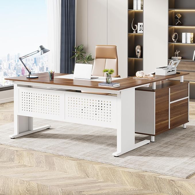 Tribesigns 63 Inch Executive Desk with File Cabinet L Shaped Office Desk with Drawers and Storage Shelves Business Furniture Set Workstation for Home Office White and Walnut