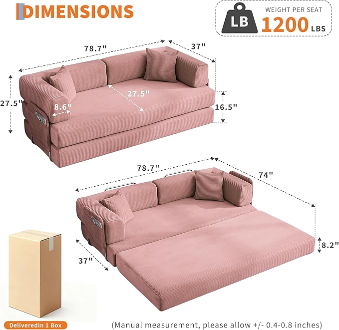 Convertible Sleeper Sofa Bed 78.8 Floor Sofa Bed 5-in-1 Folding Mattress Couch Loveseat with Fixed-Shape Frame Pillow Corduroy Fabric for Living Room Bedroom Lounge (Pink)