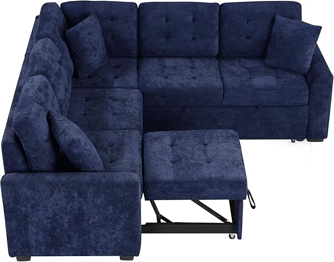 Velvet Fabric L-Shape Reversible Sleeper Sectional Sofa Couch 2 in 1 Pull Out Convertible Sofa Bed with Wheels and USB Ports for Living Room Apartment Office (Navy Blue-SFB)