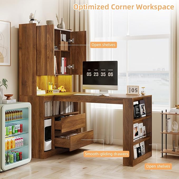 L Shaped Desk with Hutch and 2 Drawers Computer Desk with USB Ports Power Outlets &amp LED Light Wood Corner Computer Desk with Storage Shelves for Home Office Brown