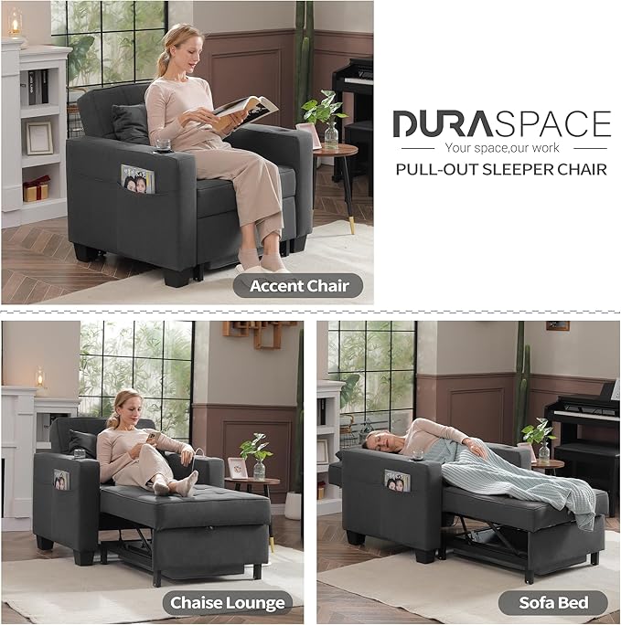 DURASPACE Pull Out Sofa Bed 3-in-1 Convertible Sofa Sleeper Chair Bed with USB Cup Holder Adjustable Armchair Beds for Small Spaces Apartment Living Room Office (Dark Gray Linen)