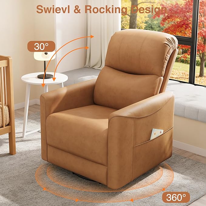 Kidirect Power Swivel Rocker Recliner 360° Swivel Recliner Chairs for Nursery Pu Leather Power Recliner Chair with USB Port and Side Pocket Electric Glider Rocking Chair for Living Room