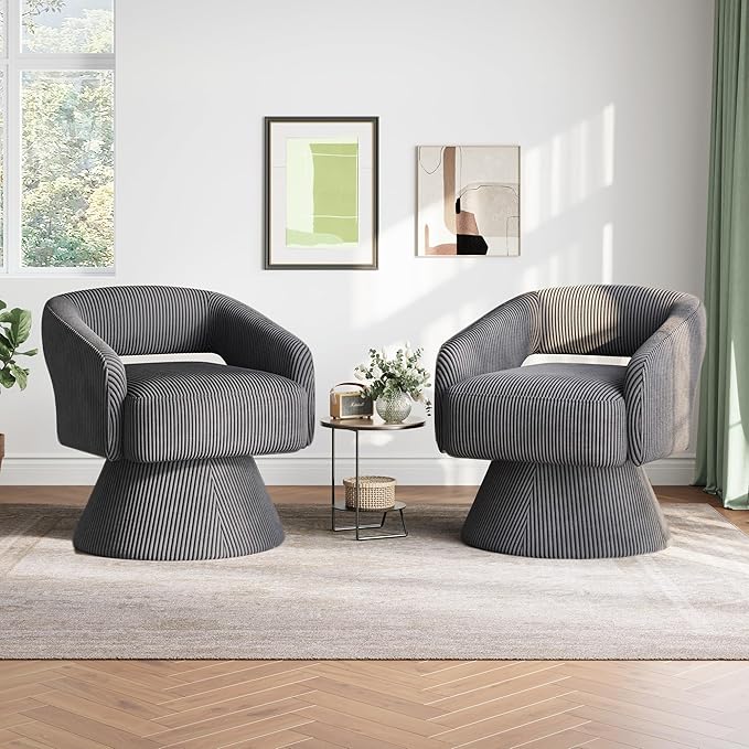 LINSY Swivel Chairs Set of 2 360 Modern Swivel Accent Chair Boucle Barrel Accent Chair Gray Corduroy Chair Small Round Chair for Small Spaces Bedroom Living Room