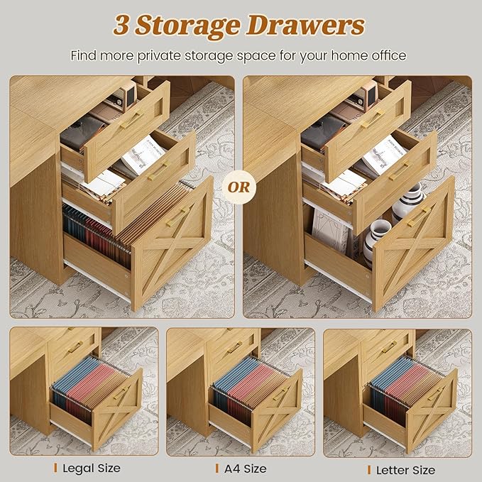 SEDETA Farmhouse 96.5 Computer Desk with Drawers 2 Person Home Office Desk Gaming Double Desk with Storage Shelves Long Two Person Writing Desk Oak