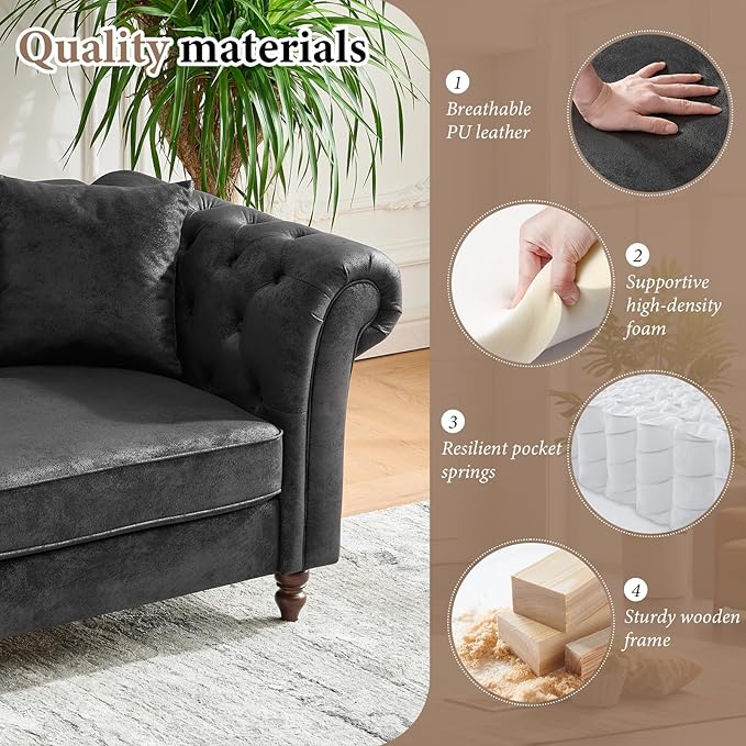 TTK Chesterfield Faux Leather Fabric Sofa Set 2-Seater Loveseat + 3-Seater Couch Combo Upholstered Tufted Rolled Arm Mid Century Modern Sofa Set for Living Room Office Apartment Black