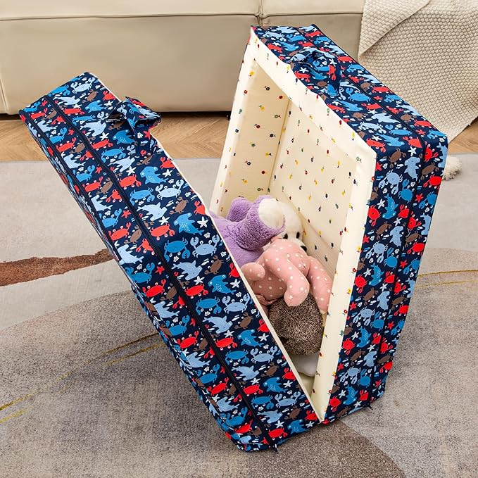 100% Cotton Lining Portable Foldable Toddler Travel Bed - Soft Foam Floor Bed with Washable Cover Safe and Comfortable Toddler Crib Ocean Blue