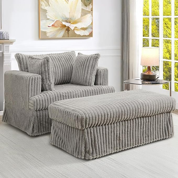 Oversized Chaise Longue IndoorComfy Upholstered Tufted Corduroy Single Sofa Couch Leisure Chair with 3 PillowDeep Seat Reclining Sleeper Sofa Chair for Living RoomBedroomOffice (Light Gray)