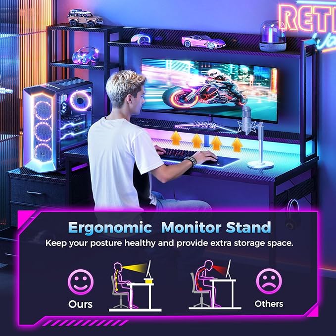Casaottima 55 Inch Gaming Desk with Hutch &amp 3 Fabric Drawers Computer Desk with USB Ports &amp LED Lights Reversible Pc Gamer Table with Monitor Stand for Home Office Carbon Fiber Black