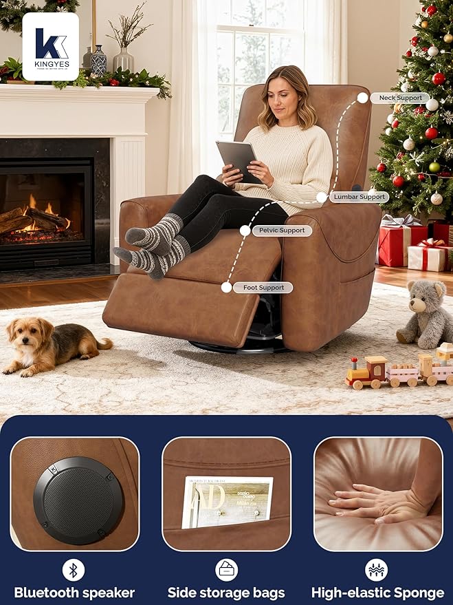 KINGYES Nursery Recliner Rocking Chair 270° Swivel Glider with Bluetooth Speaker &amp USB-C Port Faux Leather Nursery Rocking Chair Brown