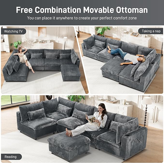 130 Oversized Cloud Couch Large Modular Sectional Sofa Modern U Shaped Sectional Couch 6 Deep Seat Sofa Set for Living Room Comfy Corduroy Cloud Sofa with Ottoman USB Port Cup Holder Dark Grey
