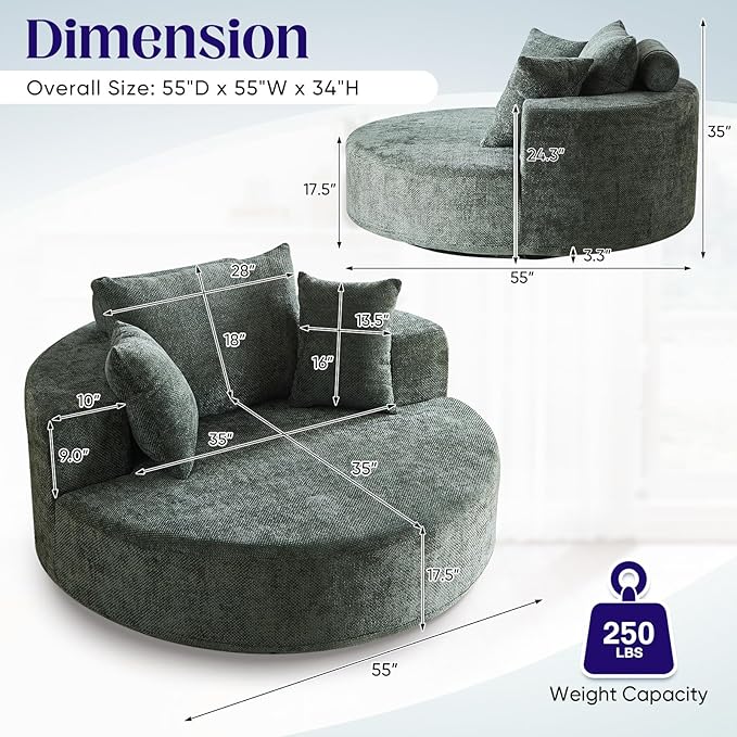 Oversized Round Swivel Chaise Longue Chair Indoor Modern 55-inch 360 Degree Swivel Upholstered Waffle Chenille Deep Seat Circle Single Cloud Sofa Chair for Living Room Bedroom Apartment Office Green