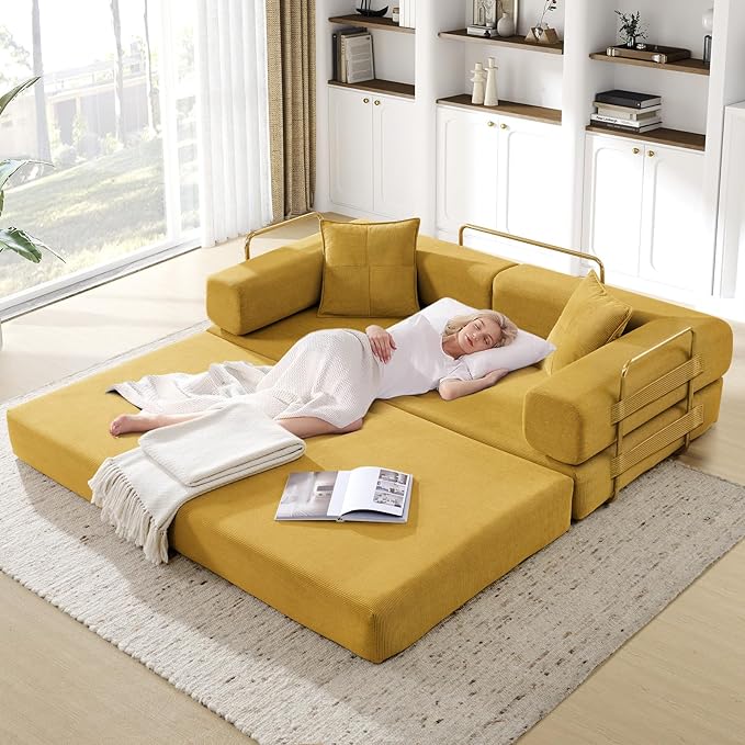 Convertible Folding Sofa Bed Corduroy Sleeper Mattress Couch with Fixed-Shape Frame Free Combination Loveseat Lounge Floor Sofa Queen Size Memory Foam Couch for Living Room Bedroom Yellow