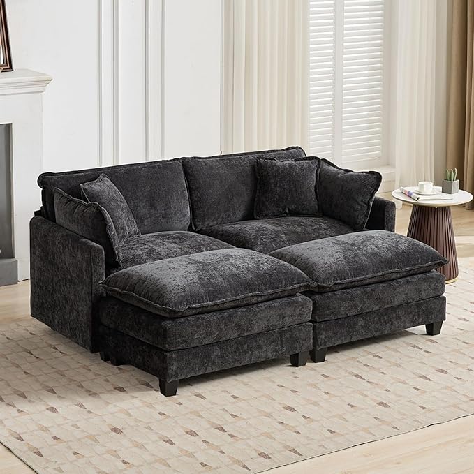 Aoowow Chenille Loveseat Cloud Couch with Ottomans78 Modular Sectional Small Love Seat Lounger Sofa for Small SpacesDouble Chaise Lounge Chairs Indoor for Living Room Bedroom (Black 2+2)