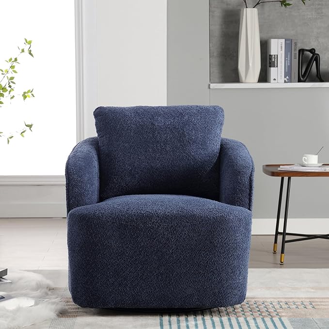 Soft Boucle Upholstered Swivel Accent Barrel Chair Wide Seated Comfy Round Single Sofa Chair 360 Swivel Club Armchair for Living Room Bedroom Nursery (Boucle Navy)