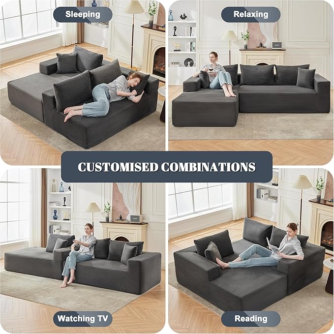 104'' Corduroy Boneless Couch for Living Room Modular Cloud Sectional Couches with Deep Seat Comfy Fluffy Sofas with L-Shaped ChaiseNo Assembly Required2PC Free Combination (Grey)