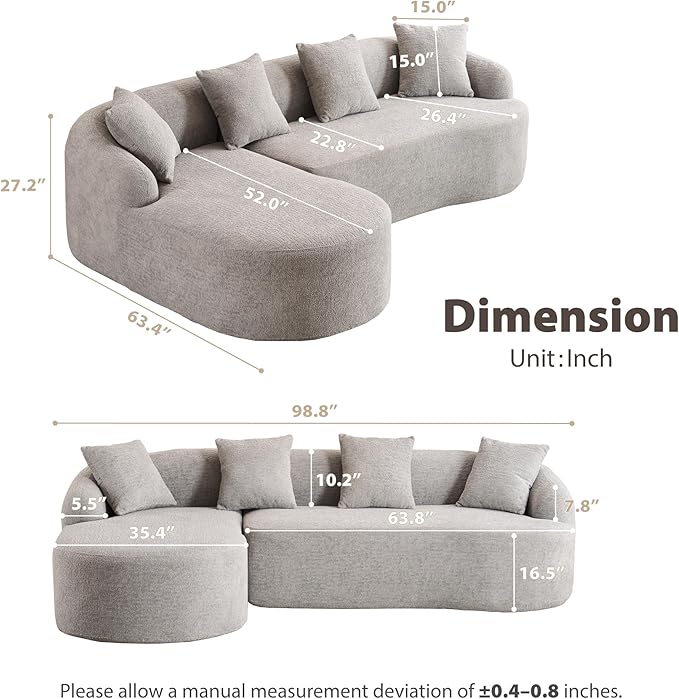 DEINPPA L Shape Modular Couch 3-Seater Chenille Comfy Couch with Throw Pillows Modern Cloud Sofa for Living Room Apartment-Light Gray