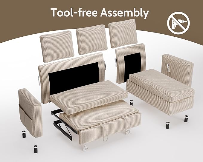 WEUP 82 L Shaped Sectional Sleeper Sofa Bed with Pull Out Bed Sectional Sleeper Couch Pull Out Couch with Reclining Backrest/Reversible Storage Chaise/USB Ports/Tool-Free Assembly Corduroy Beige