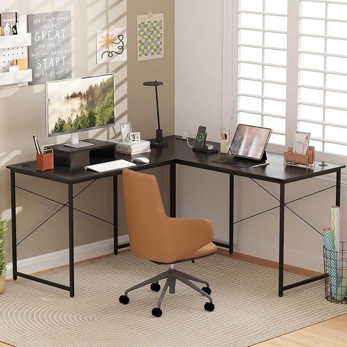 Giantex L Shaped Computer Desk 59 Inch Reversible Corner Desk with Power Outlet and USB Ports &amp Monitor Stand Wooden Writing Desk Gaming Table for Home Office Room Small Space (Black)