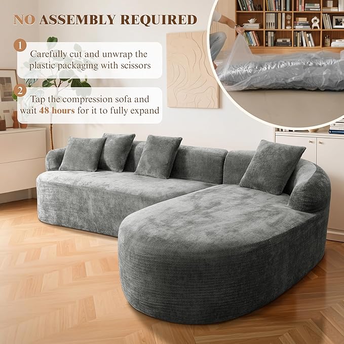 108 Cloud Modular Sectional Couch Modern Boneless Couches with Deep Seat L Shaped Sofa for Living Room No Assembly Required Chenille (Gray Right Chaise+Left Sofa) | No Assembly Needed