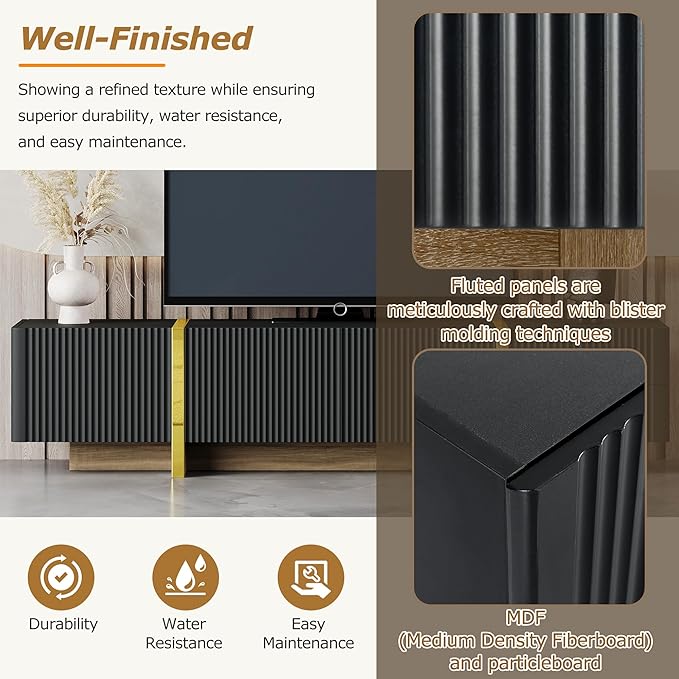 Merax Luxury Fluted TV Stand for Televisions Up to 80'' Modern Entertainment Center with Storage Cabinets &amp Drawers and Golden Wood Grain Legs Smooth Media Console for Living Room Black