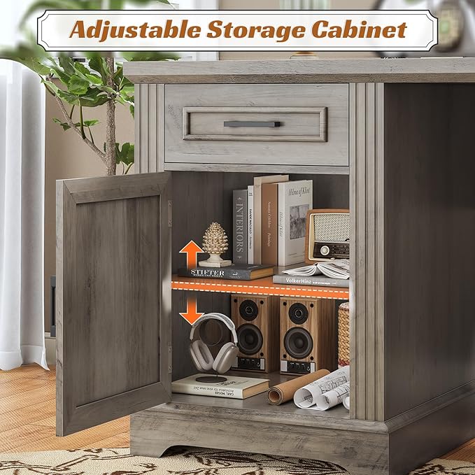 SEDETA 69 L Shaped Desk with Drawers and Storage Farmhouse Computer Desk with File Drawers and Power Outlet Corner Executive Desk with Storage Cabinet for Home Office Grey