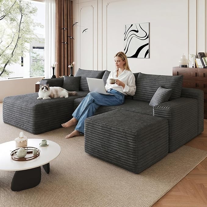 95 Cloud Sectional Couch with U-Shaped Chaise Corduroy Sectional Sofa with Ottoman Boneless Couch with Deep Seat for Living Room No Assembly Required (Dark Grey Left Facing Chaise)