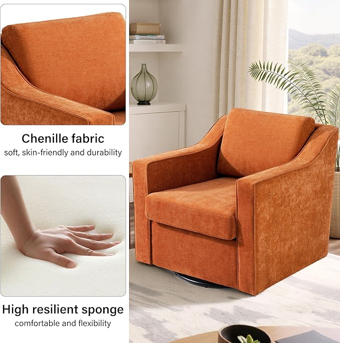 Swivel Accent Chair Modern Round Barrel Arm Chair for Living Room Bedroom Comfy Club Reading Chairs for Adults (Chenille Orange Set of 2)
