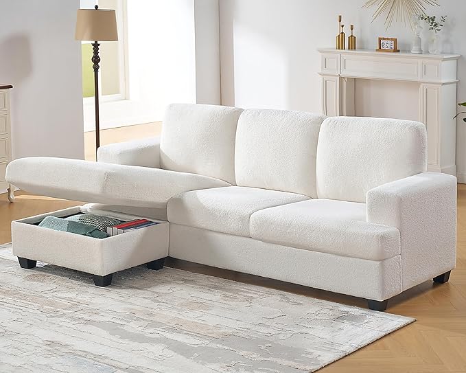VanAcc 88 Inch Reversible L Shape Sofa Convertible Sofa with Storage L Shape Couch with Chaise Comfy Couches for Living Room White Bouclé