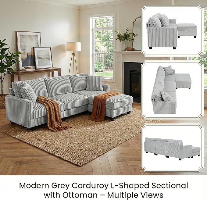 100 L Shaped Sectional Couches for Living Room Modular Sectional Sofa with Movable Ottoman Corduroy 4 Seat Couch with Built-in Charging Ports Light Grey | Movable Ottoman Soft Corduroy Feel USB