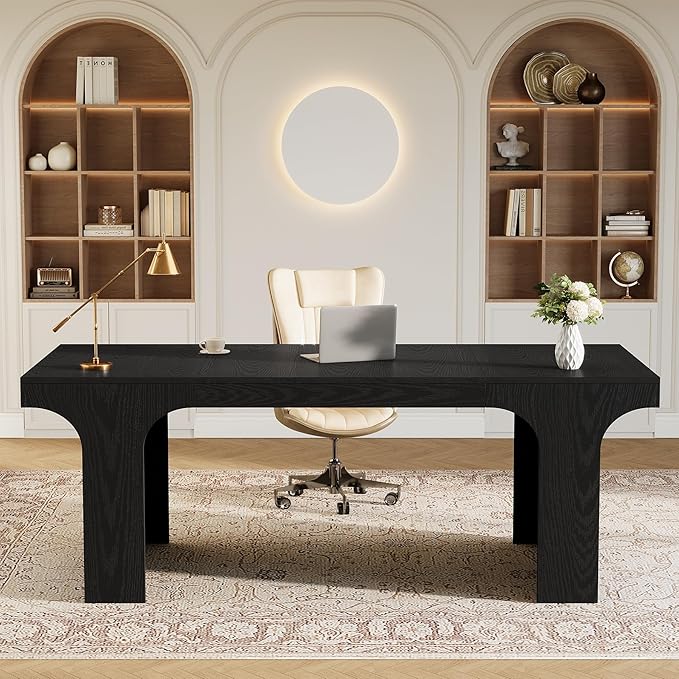 Tribesigns 70.87 Executive Office Desk Large Workspace Computer Desk Modern Wooden Writing Table Simple Business Furniture with Arched Design for Home Office Black
