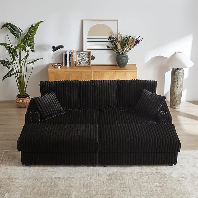 84 Oversized Double Chaise Lounge Indoor Modern Comfy Corduroy Sectional Couch with Ottoman Loveseat Sleeper Sofa Bed with Cup Holder Home Sofa Living Room Apartment (Black)