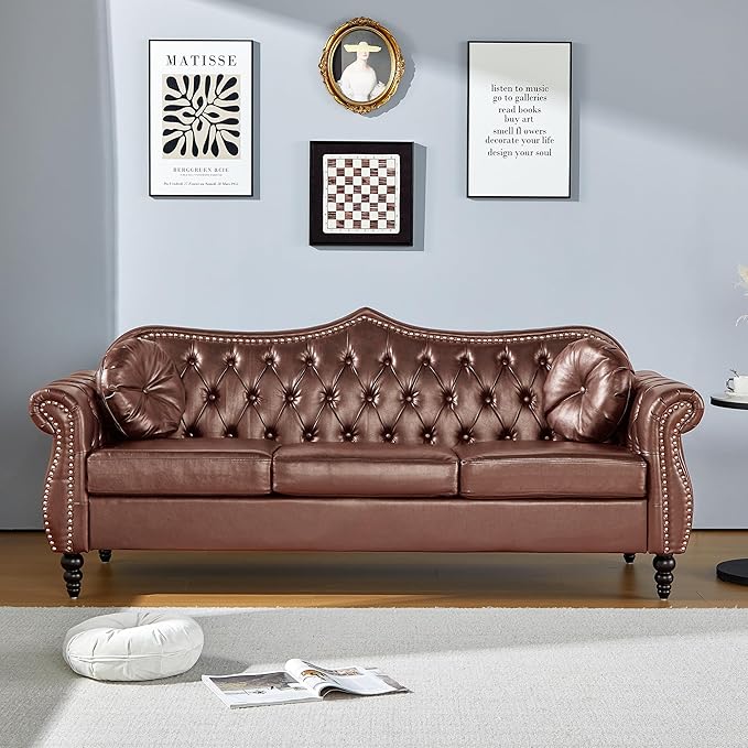 Chesterfield Three Seater Sofa Mid-Century Modern Faux Leather 3-Seater Upholstered Couch Tufted Living Room Sofa with 2 Pillows and Button Nailhead Brown